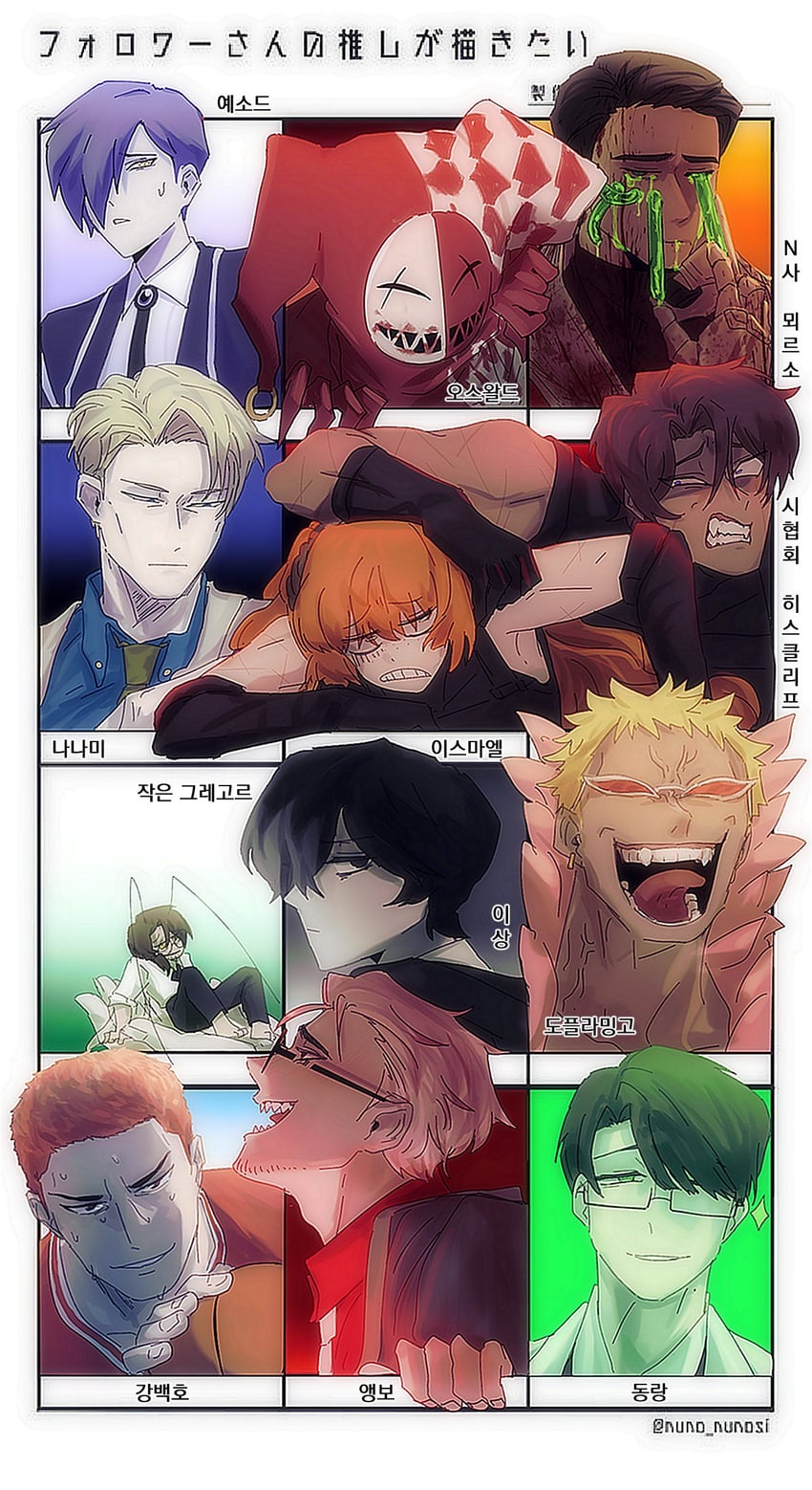ishmael, yi sang, nanami kento, heathcliff, gregor, and 7 more (indie virtual youtuber and 6 more) drawn by convict_030