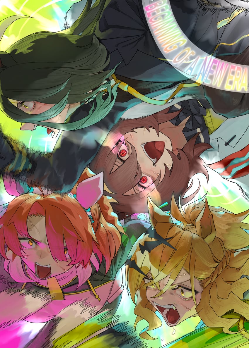 agnes tachyon, manhattan cafe, jungle pocket, and dantsu flame (umamusume and 1 more) drawn by tonariuta