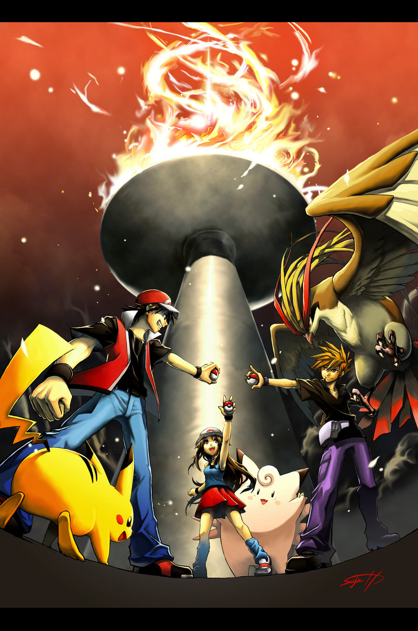 pikachu, red, blue oak, leaf, pidgeot, and 1 more (pokemon and 1 more) drawn by seijun