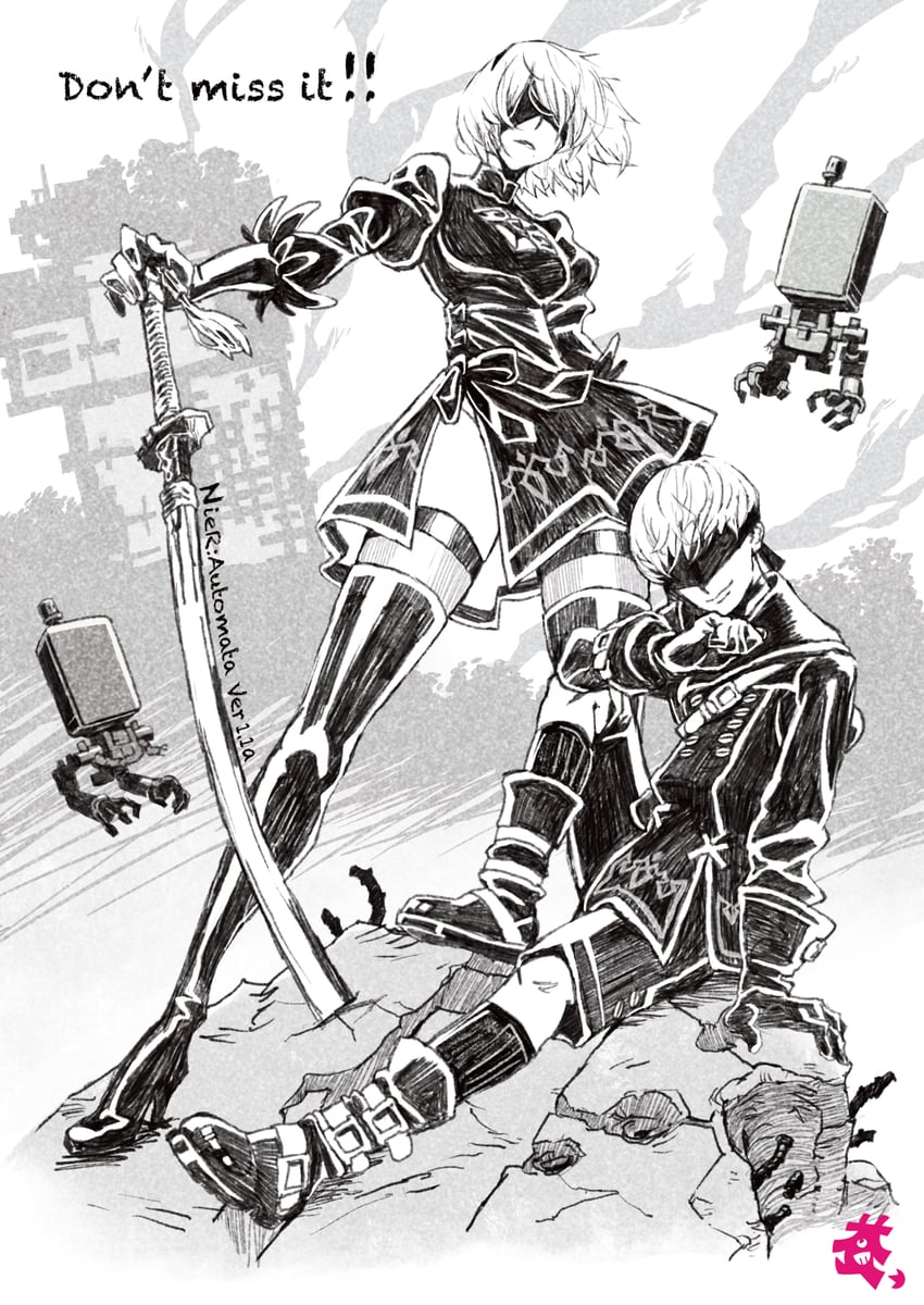 2b, 9s, and pod (nier and 1 more) drawn by masuyama_ryouji