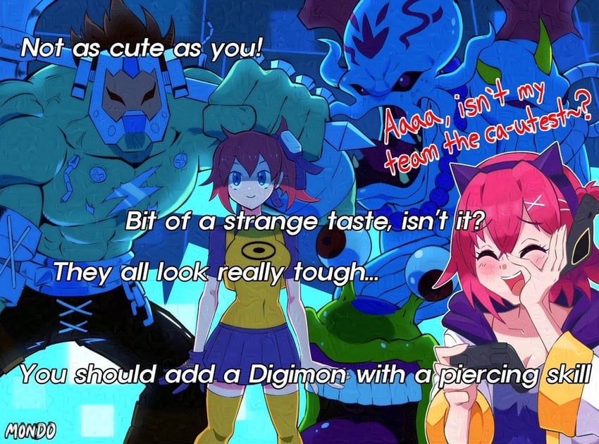 aiba ami, numemon, yuuki, dagomon, and boutmon (digimon and 3 more) drawn by supermondobeat
