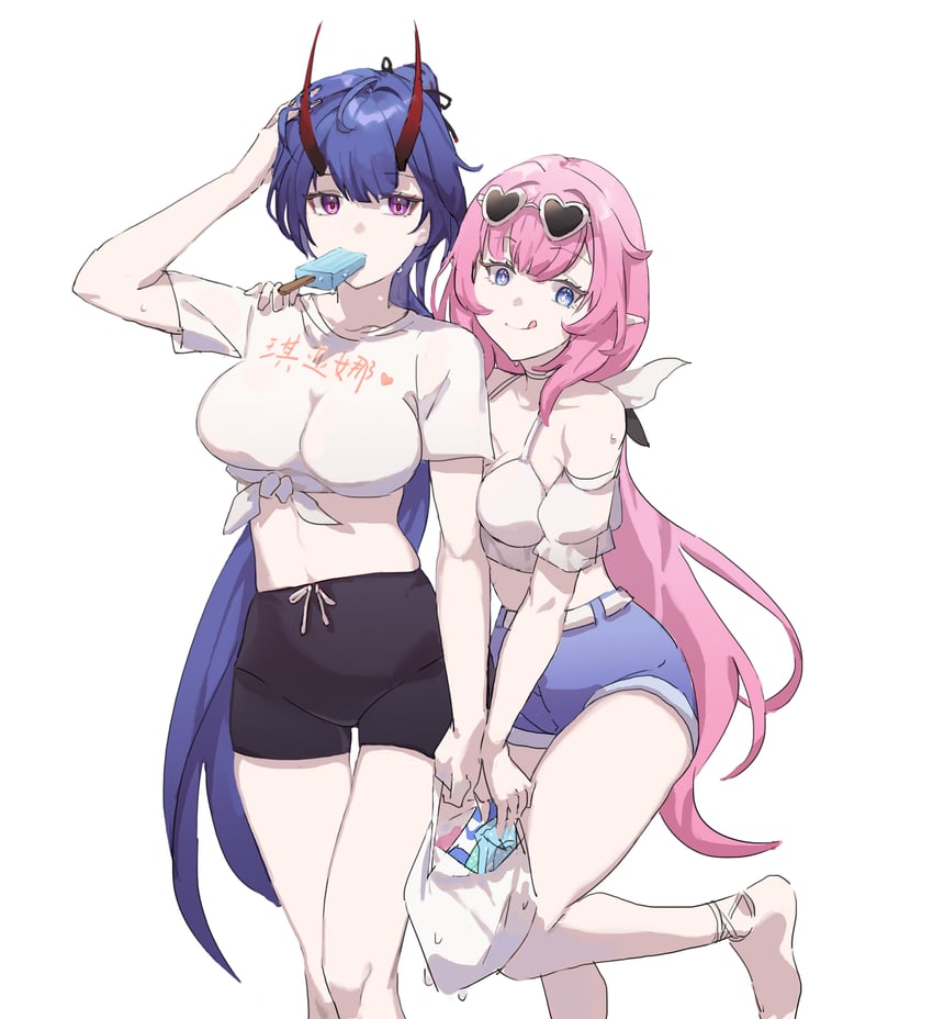 elysia and raiden mei (honkai and 1 more) drawn by hetare_mizu