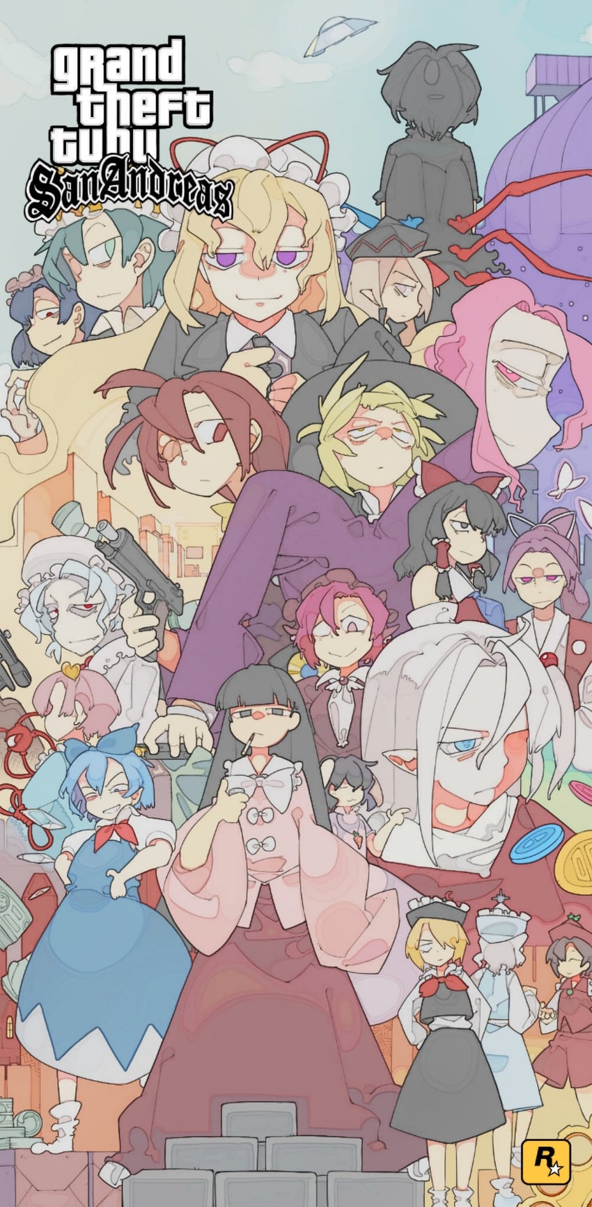 hakurei reimu, kirisame marisa, remilia scarlet, cirno, yakumo yukari, and 16 more (touhou and 2 more) drawn by bolos