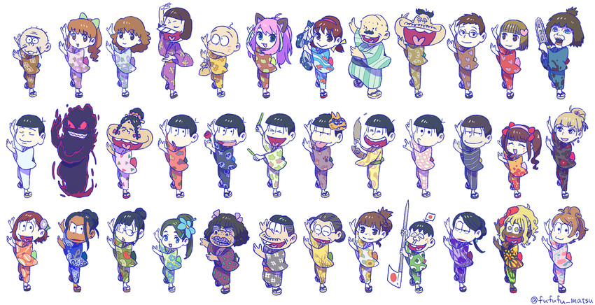 matsuno osomatsu, matsuno karamatsu, matsuno ichimatsu, matsuno jyushimatsu, matsuno choromatsu, and 32 more (osomatsu and 2 more) drawn by funuyu