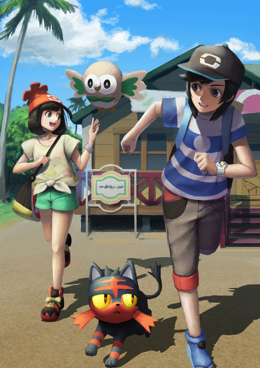 selene, rowlet, elio, and litten (pokemon and 1 more) drawn by t@kuyoa