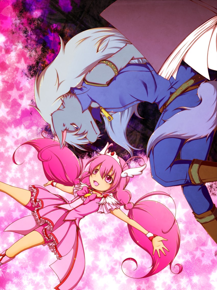 hoshizora miyuki, cure happy, and wolfrun (precure and 1 more) drawn by arani_(aranonituke)
