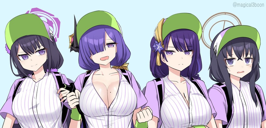 raiden shogun, ui, mogador, and sumire (blue archive and 2 more) drawn by threeboon