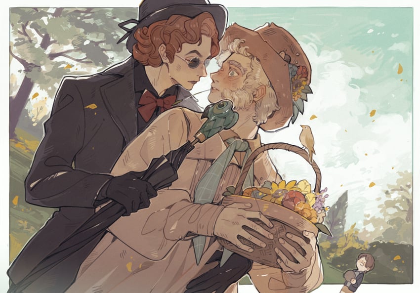 crowley, aziraphale, and warlock dowling (good omens) drawn by luminous_slime