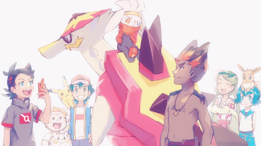 ash ketchum, eevee, rotom, lana, rotom phone, and 8 more (pokemon and 2 more) drawn by ogege_(ogege_kyit)