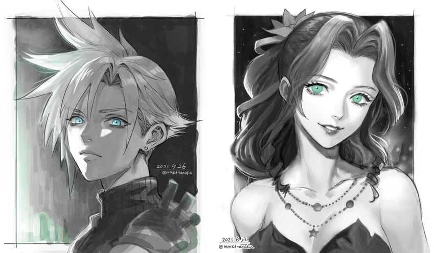 cloud strife and aerith gainsborough (final fantasy and 2 more) drawn by uboar