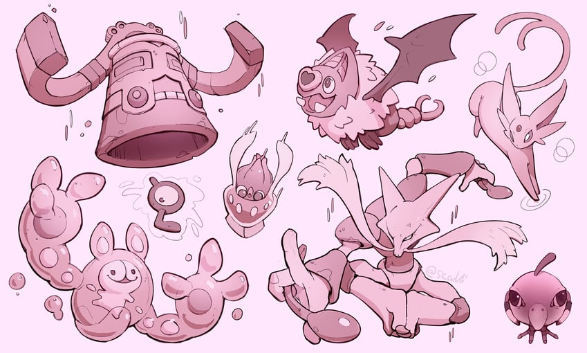 espeon, reuniclus, natu, unown, alakazam, and 4 more (pokemon) drawn by scarvii