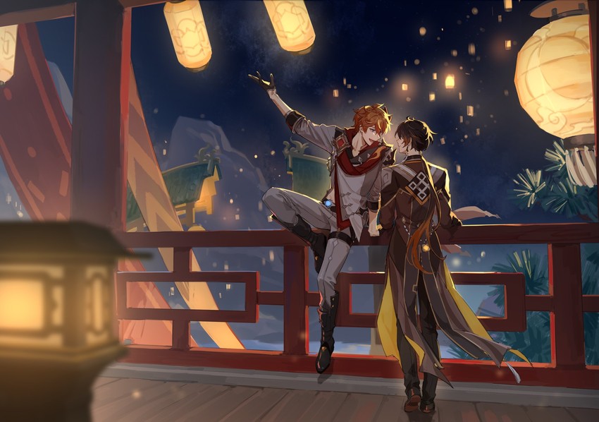 zhongli and tartaglia (genshin impact) drawn by akabane_yu