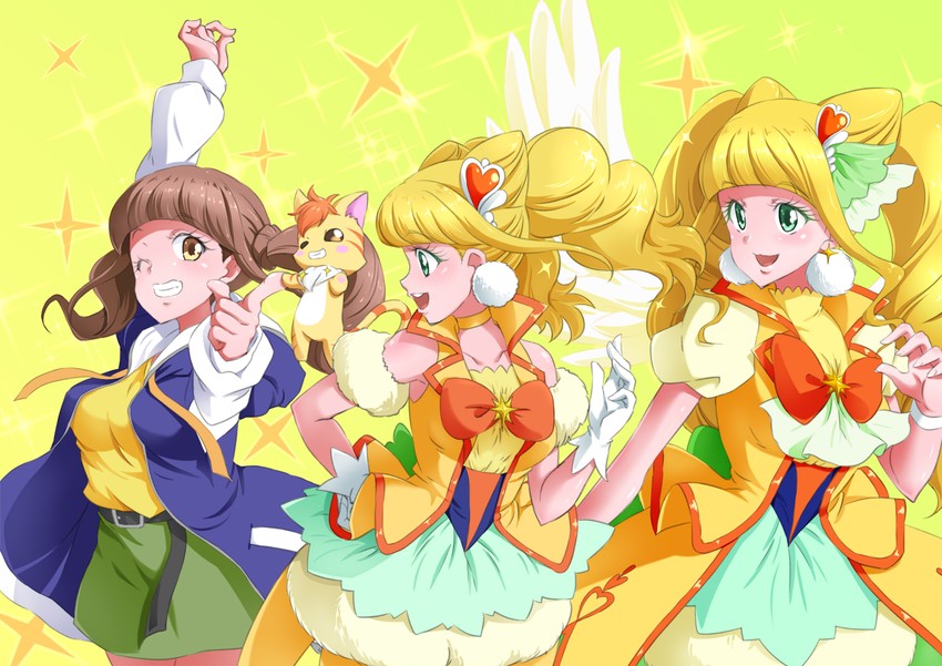 hiramitsu hinata, cure sparkle, and nyatoran (precure and 1 more) drawn by shiruppo