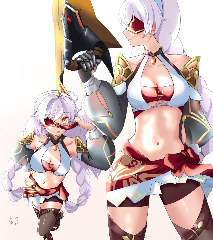 kiana kaslana and eremite desert clearwater (genshin impact and 3 more) drawn by kudayunii
