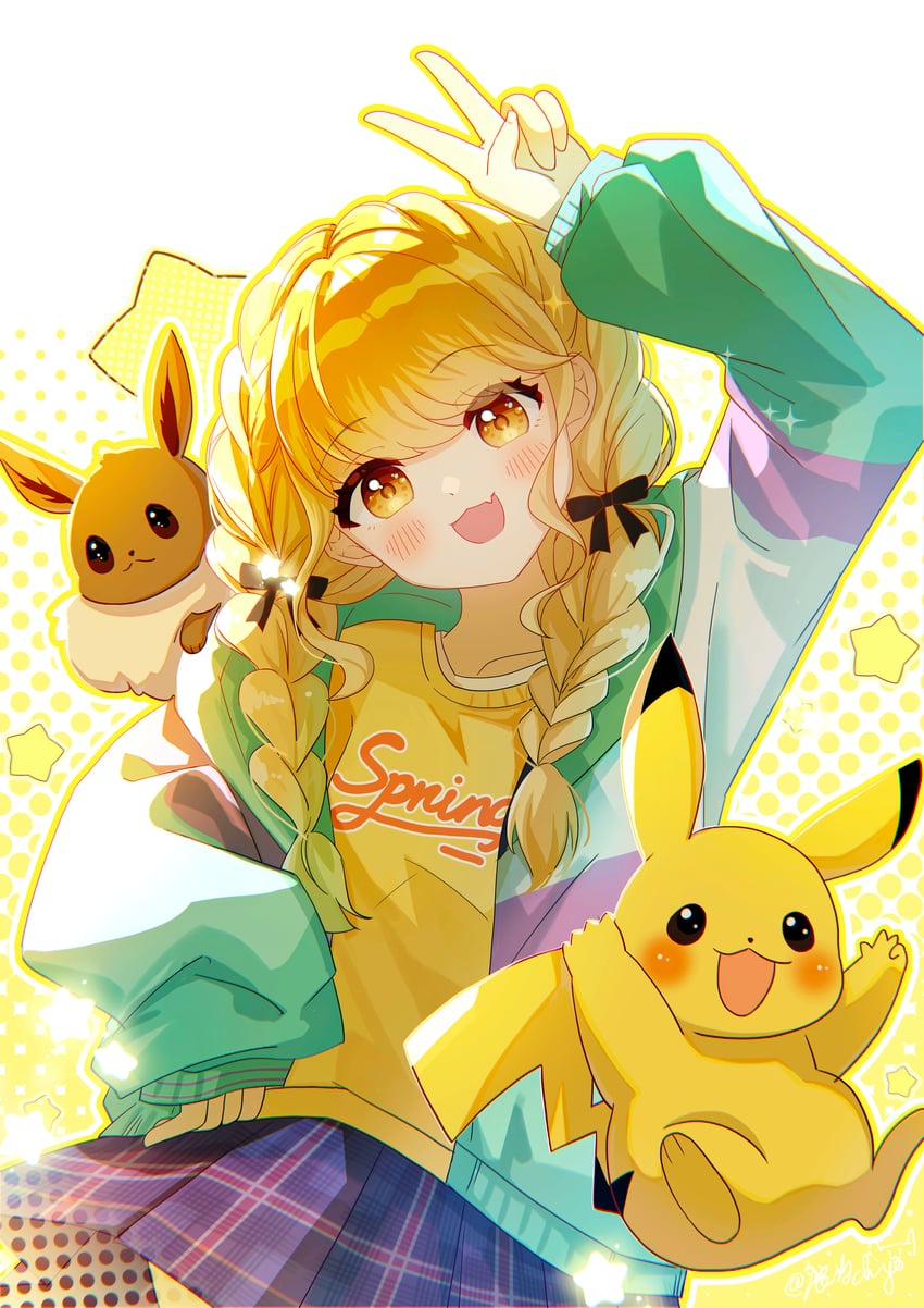 pikachu, eevee, and fujita kotone (pokemon and 2 more) drawn by ximilulu