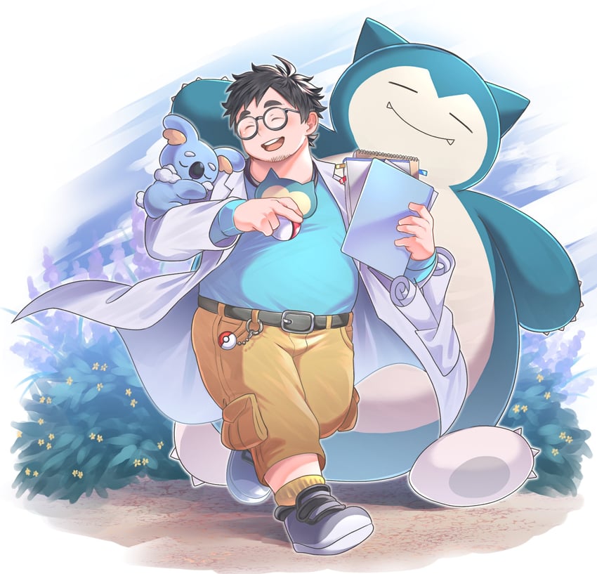 snorlax, professor neroli, and komala (pokemon and 1 more) drawn by osu_(osumankokuou)