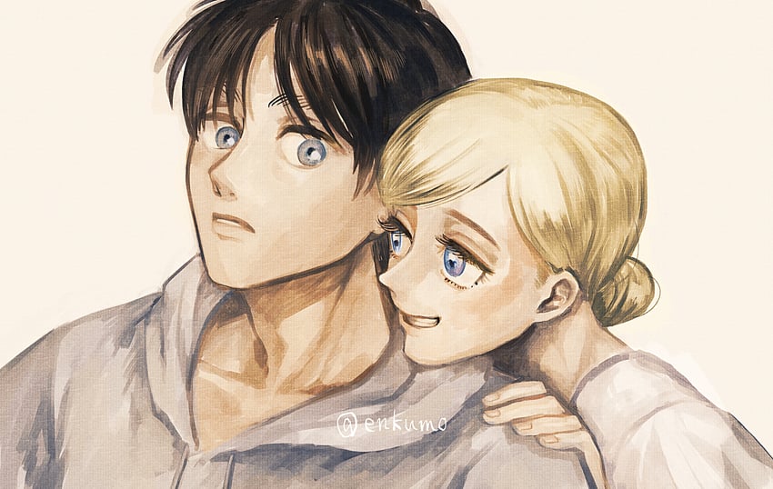 eren yeager and krista lenz (shingeki no kyojin) drawn by enko_(bbbbin)