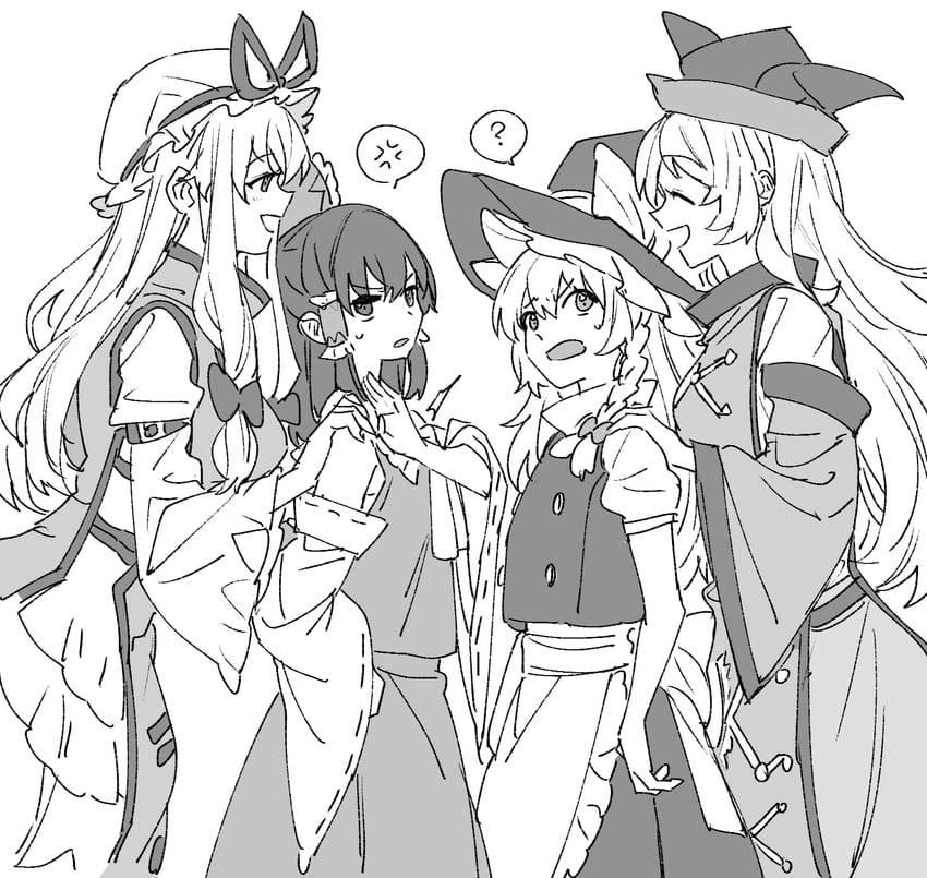 hakurei reimu, kirisame marisa, yakumo yukari, and matara okina (touhou) drawn by mero_(starfish_jcs)
