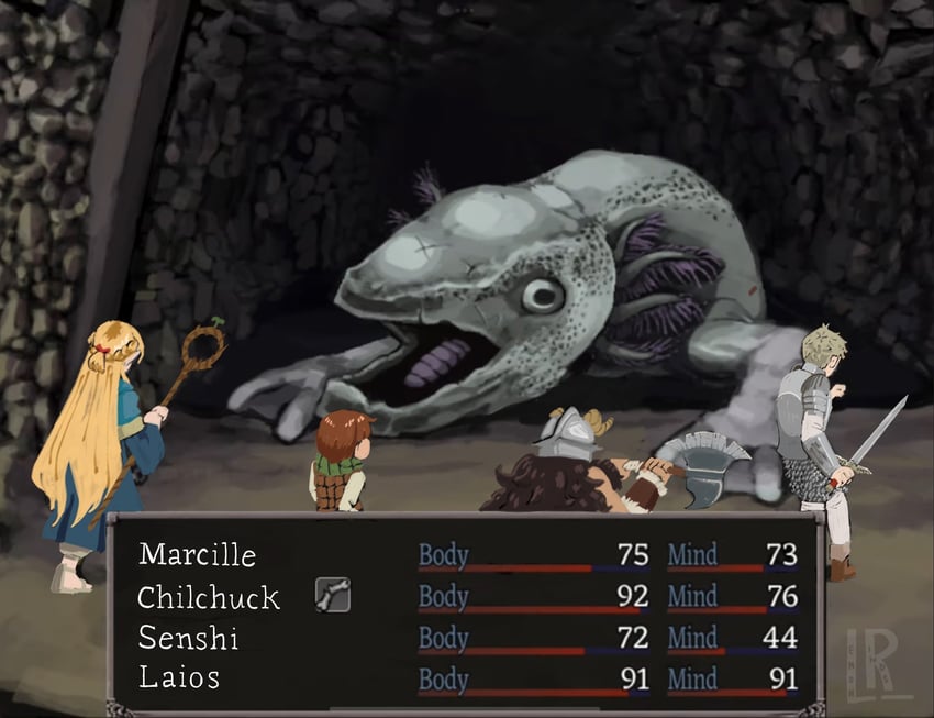 marcille donato, laios touden, senshi, chilchuck tims, and salmonsnake (dungeon meshi and 2 more) drawn by lemon_rinds