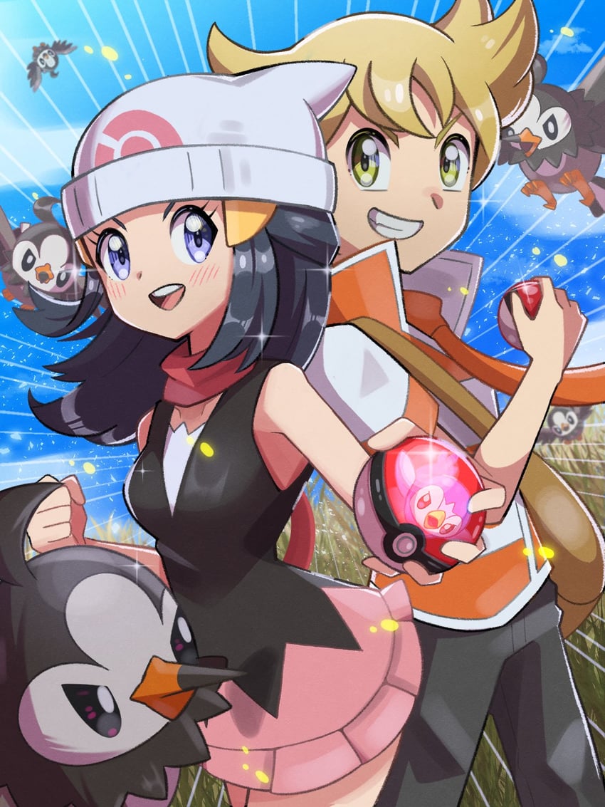 dawn, piplup, barry, and starly (pokemon and 1 more) drawn by inana_umi