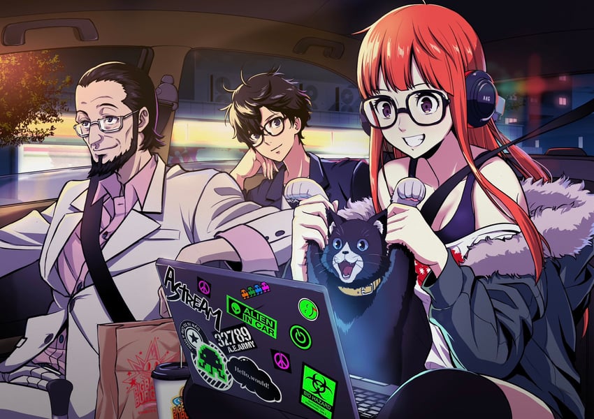 amamiya ren, sakura futaba, morgana, and sakura soujirou (persona and 1 more) drawn by ito_(daisukidanchi)