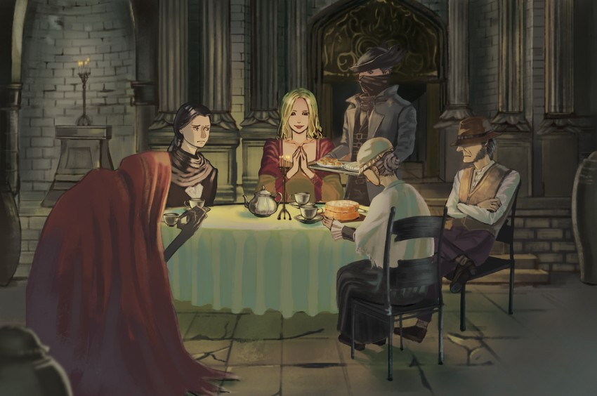 hunter, adella the nun, arianna, oedon chapel dweller, lonely old woman, and 1 more (bloodborne) drawn by onigawara_(kiki)