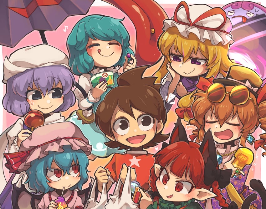 remilia scarlet, yakumo yukari, kaenbyou rin, tatara kogasa, letty whiterock, and 3 more (touhou and 1 more) drawn by jiima_tarou