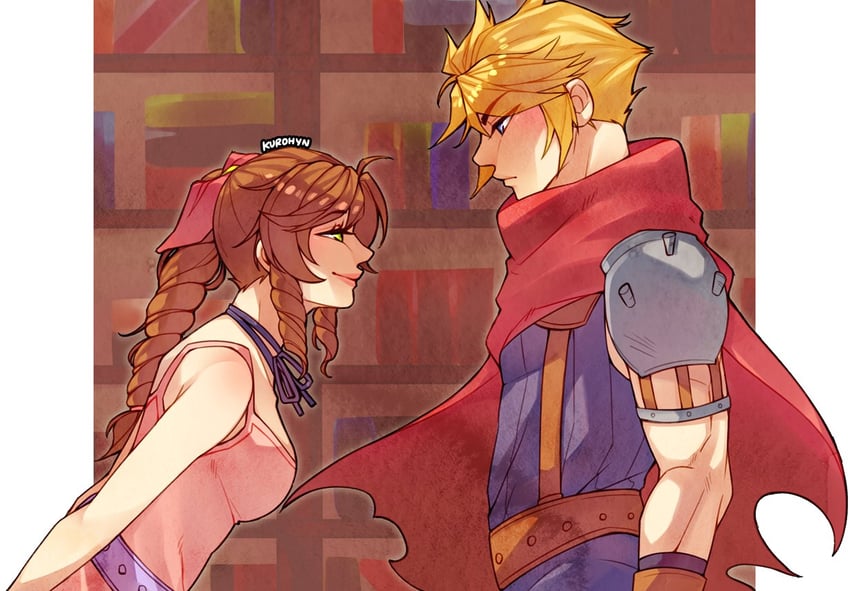 cloud strife and aerith gainsborough (final fantasy and 2 more) drawn by kurohyn
