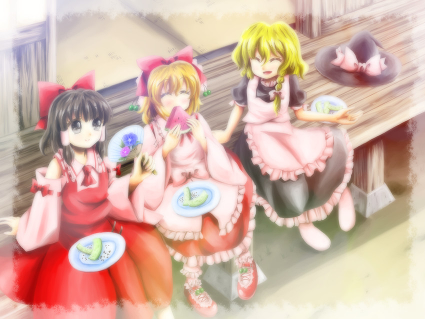 hakurei reimu, kirisame marisa, and satsuki rin (touhou and 1 more) drawn by kitsuzue_mika