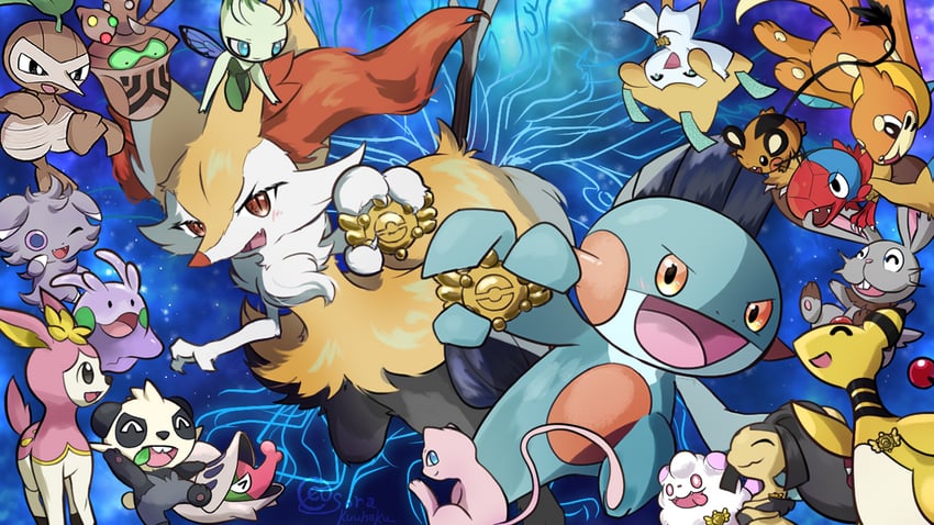 jirachi, braixen, mew, mawile, celebi, and 14 more (pokemon and 2 more) drawn by sora_(sorakuuhaku)