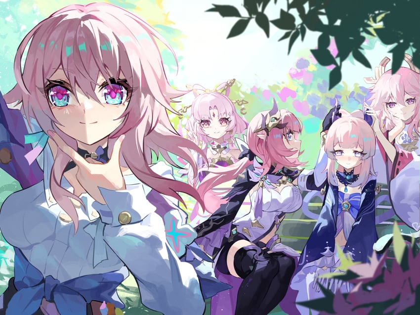 yae miko, elysia, march 7th, sangonomiya kokomi, and fu xuan (genshin impact and 4 more) drawn by xinliu_asato