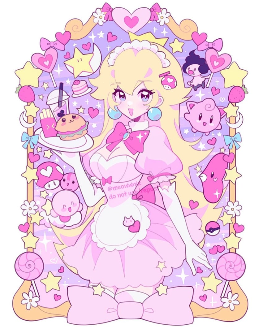 kirby, princess peach, jigglypuff, luvdisc, cherubi, and 1 more (pokemon and 2 more) drawn by meowwniz