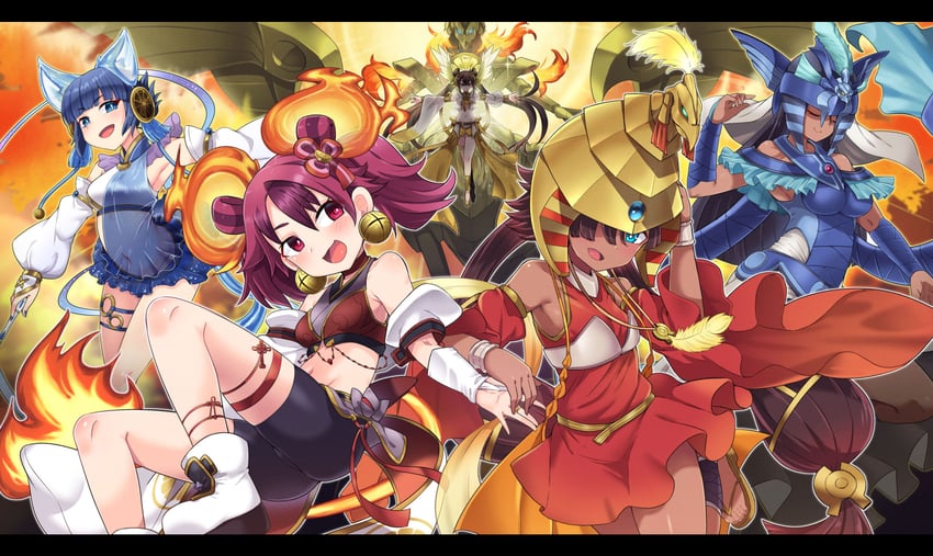 ni-ni the mirror mikanko, ha-re the sword mikanko, ohime the manifested mikanko, conductor of nephthys, sacred phoenix of nephthys, and 1 more (yu-gi-oh!) drawn by amagaeru_(hylathewet)
