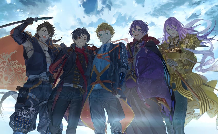 kashuu kiyomitsu, yamanbagiri kunihiro, mutsu-no-kami yoshiyuki, kasen kanesada, and hachisuka kotetsu (touken ranbu) drawn by hataya