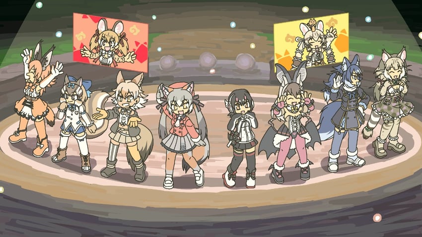 island fox, humboldt penguin, caracal, brown long-eared bat, coyote, and 5 more (kemono friends and 1 more) drawn by srd_(srdsrd01)