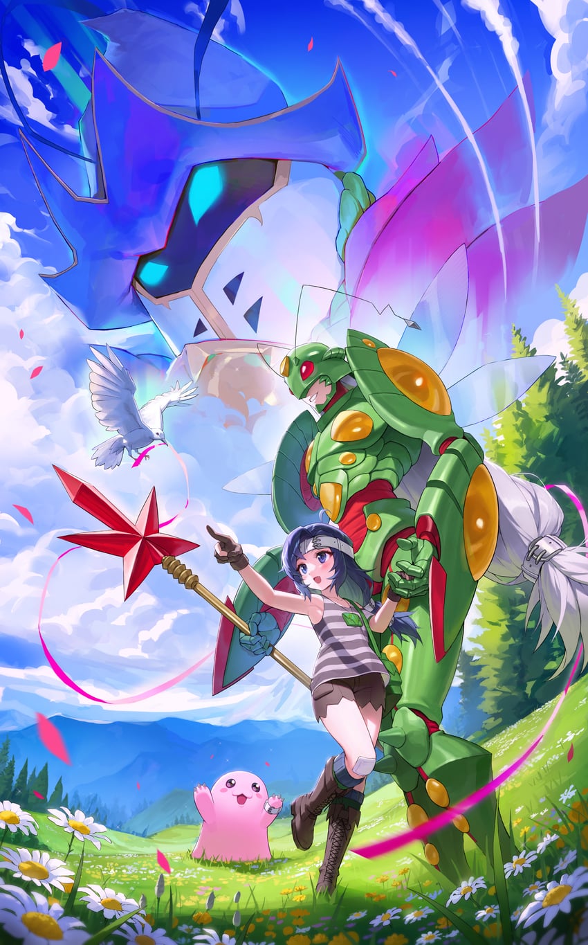mochimon, bloomlordmon, and jewelbeemon (digimon) drawn by muna_1414