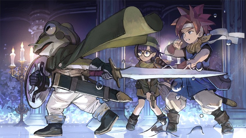 lucca ashtear, crono, and frog (chrono trigger) drawn by sasumata_jirou