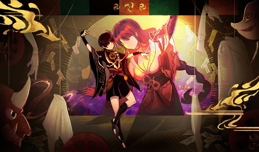 raiden shogun, scaramouche, and fuujin (genshin impact and 1 more) drawn by momogourami