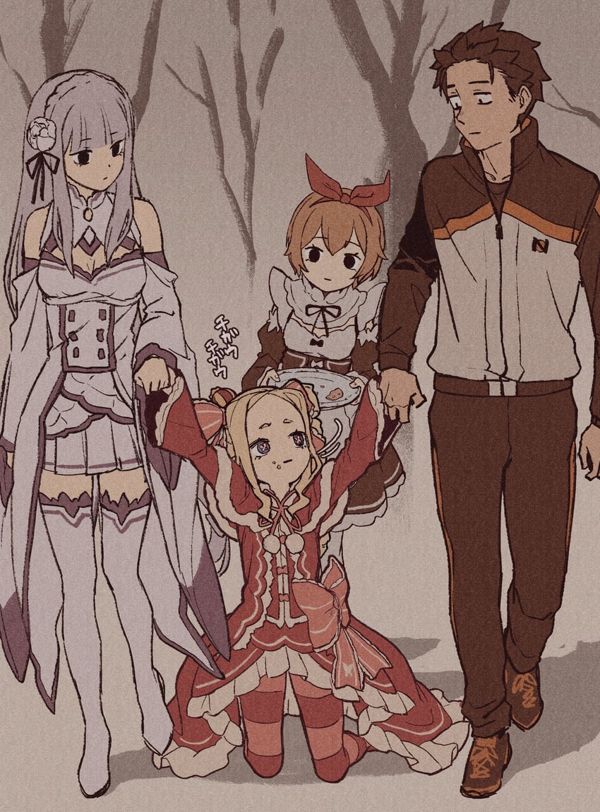 emilia, natsuki subaru, beatrice, and petra leyte (re:zero kara hajimeru isekai seikatsu) drawn by iwamushi