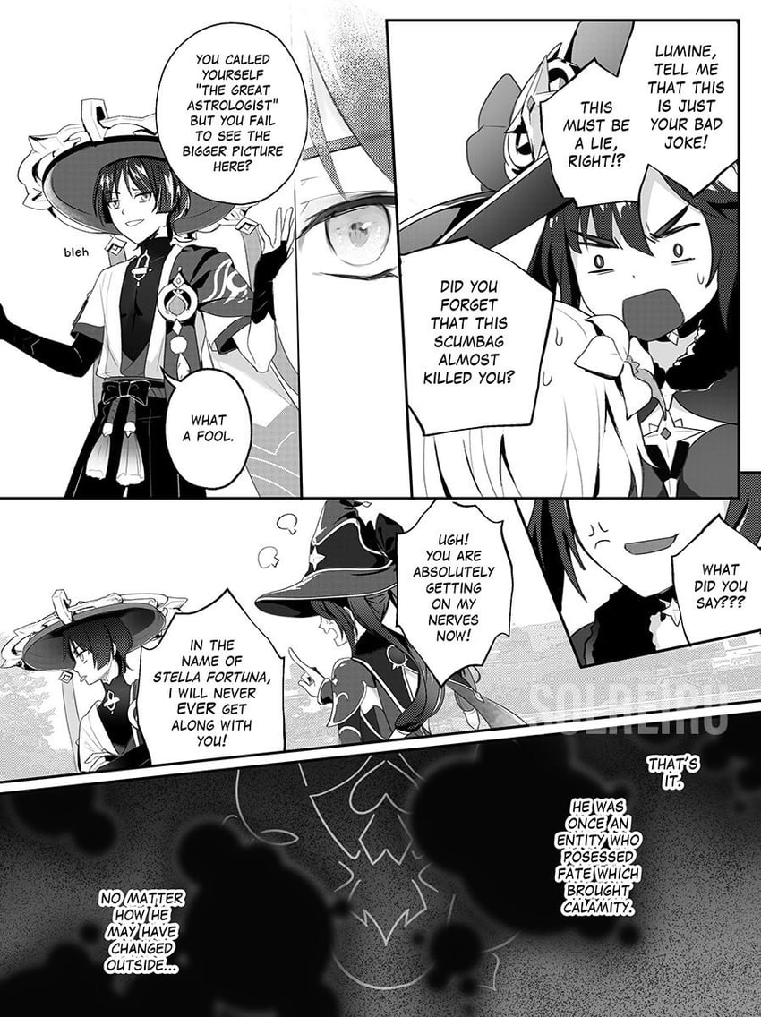 lumine, scaramouche, wanderer, and mona (genshin impact) drawn by solreiru
