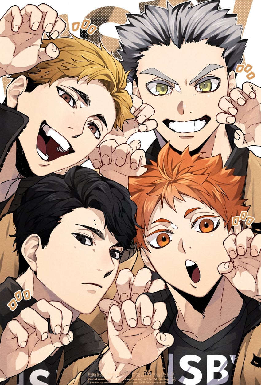 hinata shouyou, bokuto koutarou, miya atsumu, and sakusa kiyoomi (haikyuu!!) drawn by omg_genjitsu