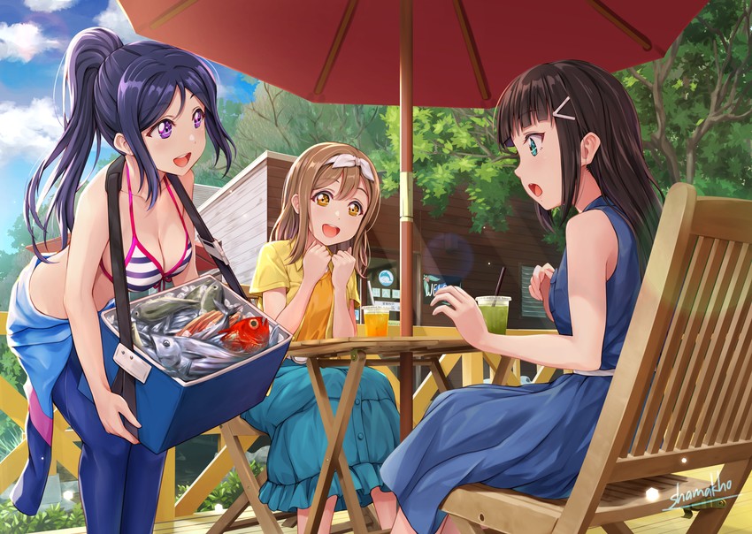 matsuura kanan, kurosawa dia, and kunikida hanamaru (love live! and 1 more) drawn by shamakho