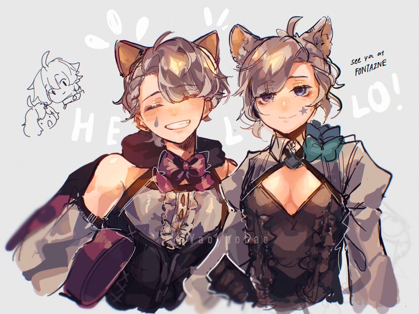 lumine, aether, lynette, and lyney (genshin impact) drawn by yaoyaobae