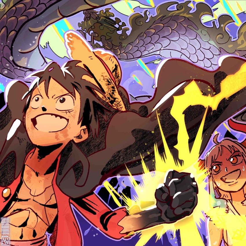 monkey d. luffy, yamato, and kouzuki momonosuke (one piece) drawn by taku_(aywakutakuay)