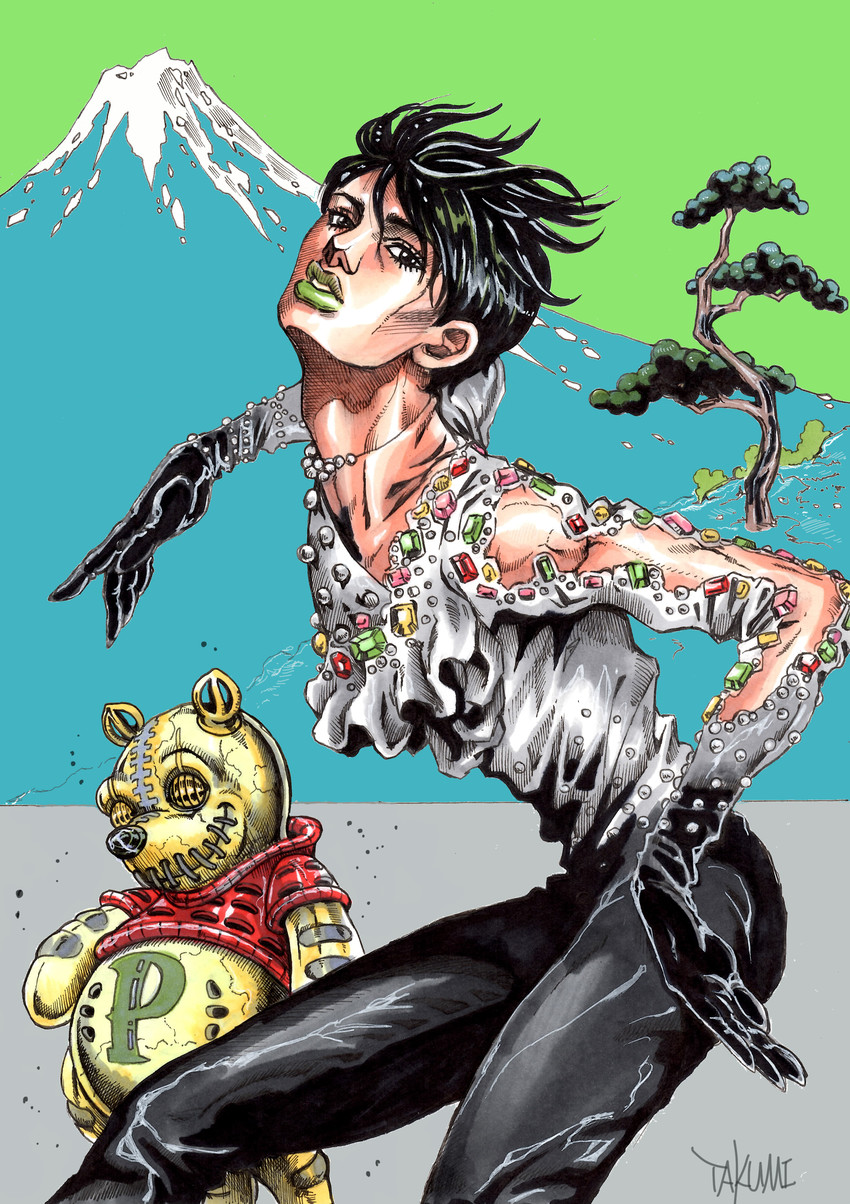 pooh and hanyuu yuzuru (jojo no kimyou na bouken and 3 more) drawn by takumi_(marlboro)