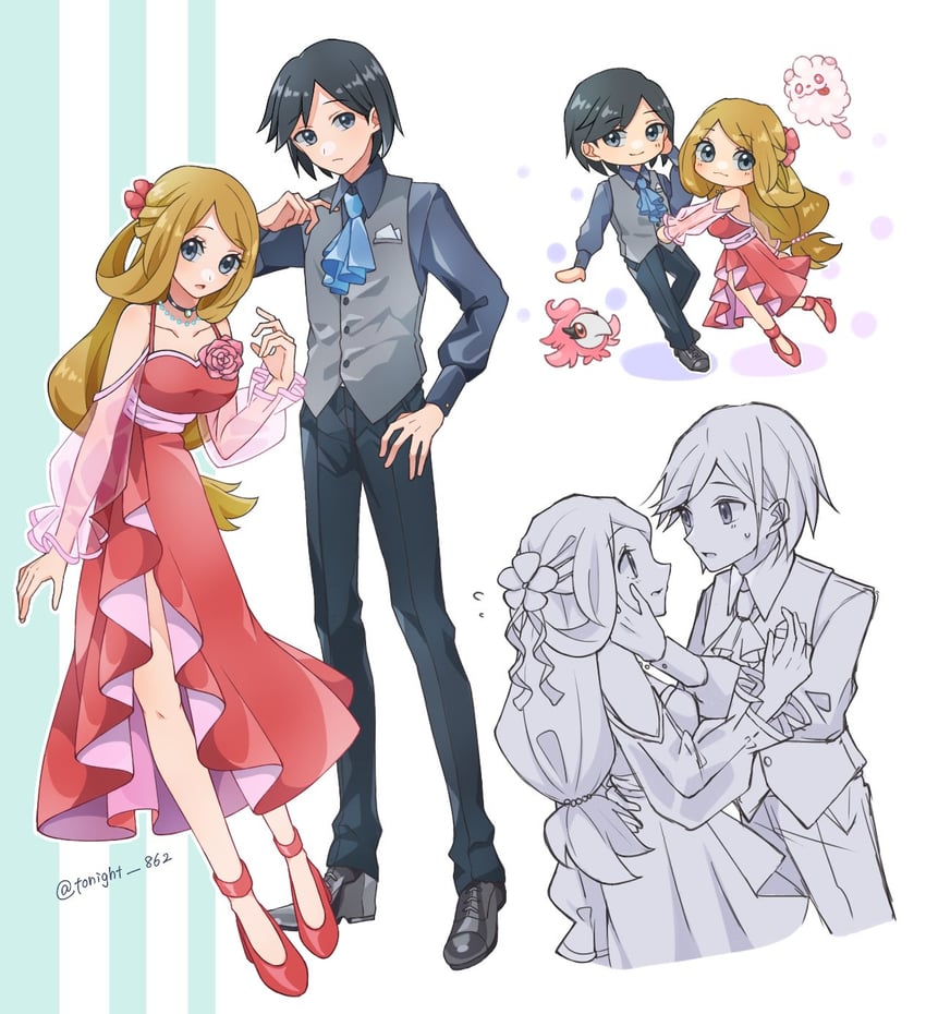 serena, calem, swirlix, and spritzee (pokemon and 1 more) drawn by rain_(tonight_862)