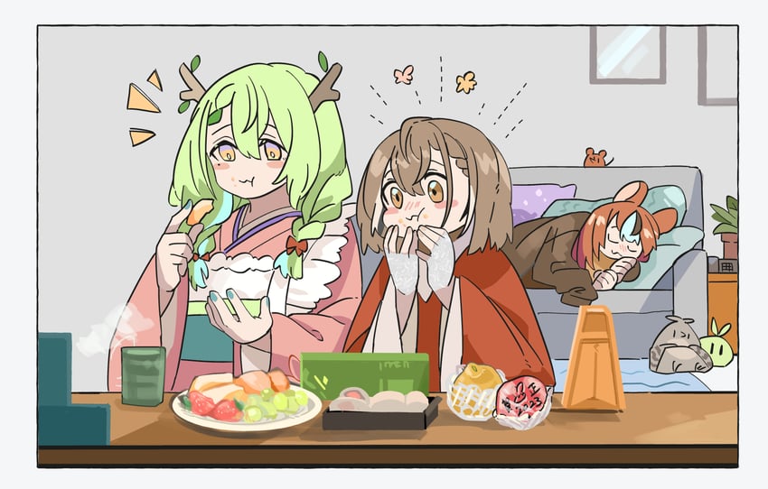 nanashi mumei, hakos baelz, and ceres fauna (hololive and 1 more) drawn by fongban_illust
