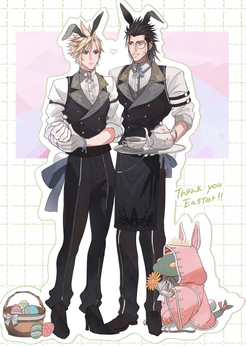 cloud strife, zack fair, and tonberry (final fantasy and 2 more) drawn by 2b_fff