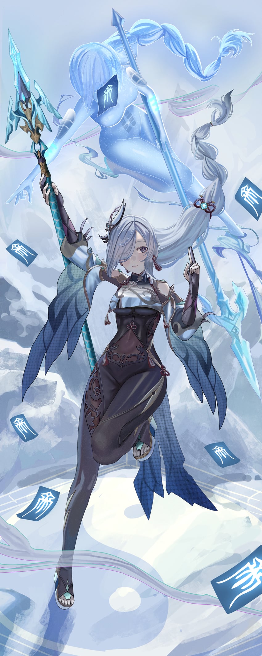 shenhe and shenhe's talisman spirit (genshin impact) drawn by silvertsuki