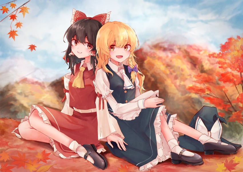 hakurei reimu and kirisame marisa (touhou) drawn by taguno